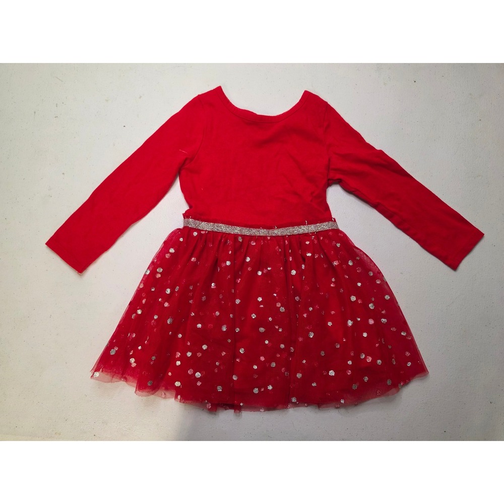 Cat & Jack Toddler Girls 2T Red Tulle Tutu Dress Silver Polka Dot Long Sleeve